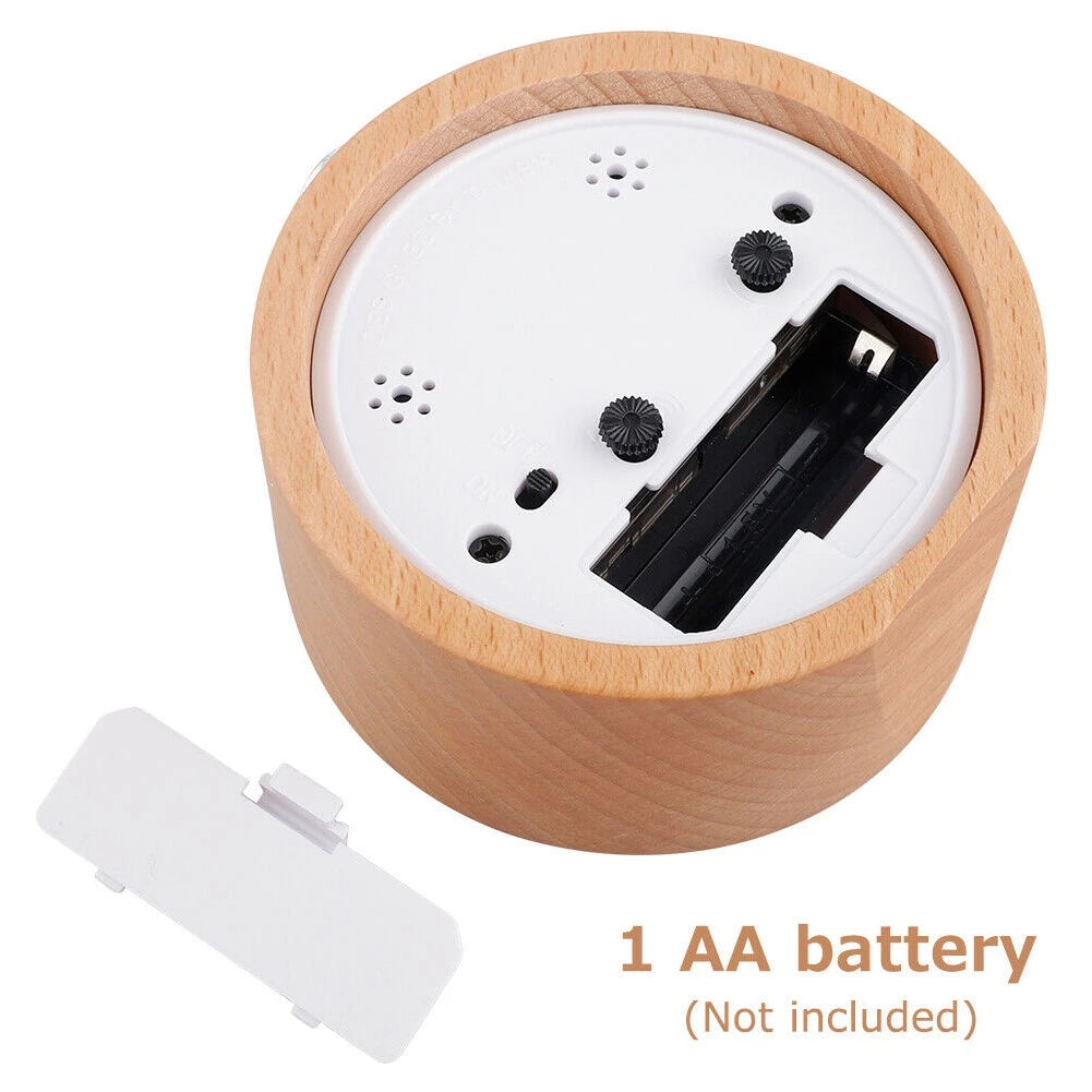Mini Alarm Clock Wooden Mute Backlit Battery-Powered Round Solid Wood Night Light Alarm Clock