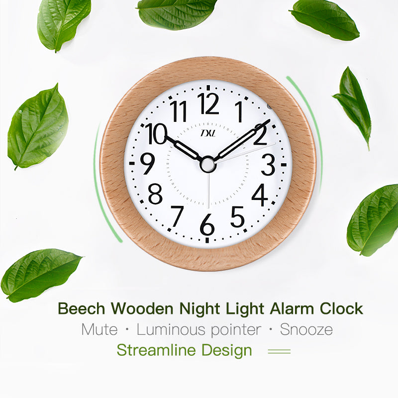Mini Alarm Clock Wooden Mute Backlit Battery-Powered Round Solid Wood Night Light Alarm Clock