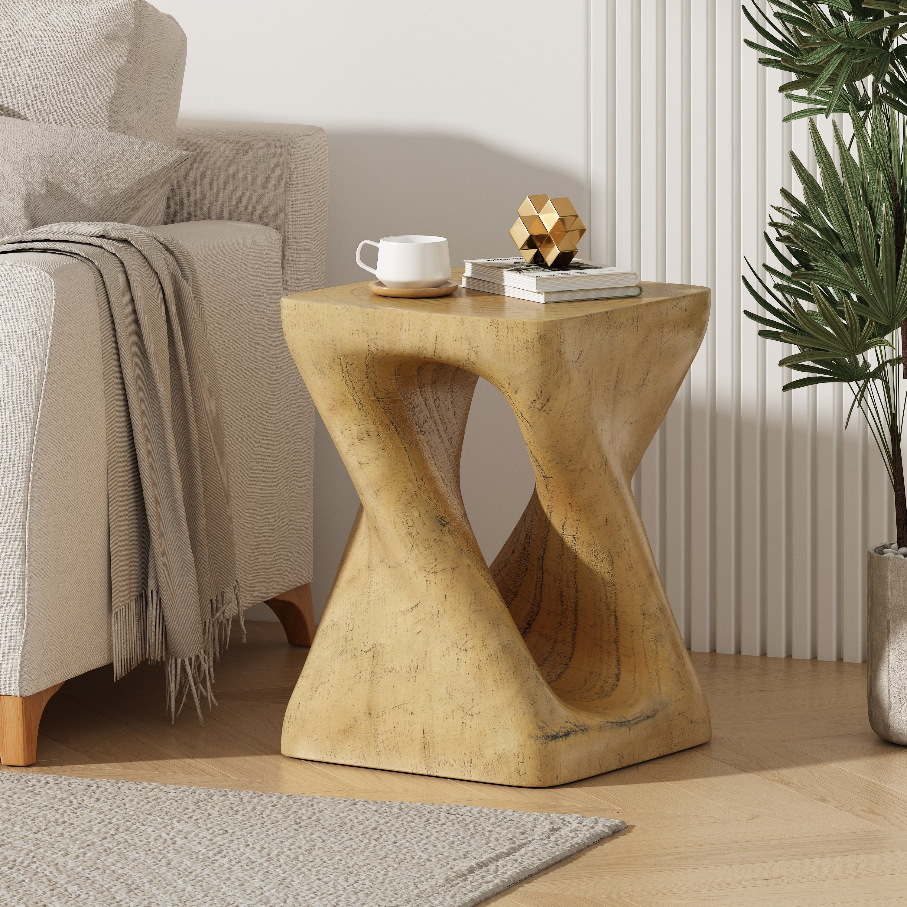 MGO Twist Shape Side Table, Wood-like Texture, Natural Color
