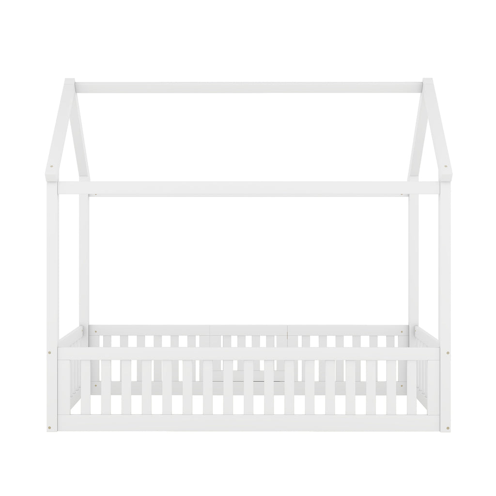 Twin Size Wood House Bed with Fence and Door, White