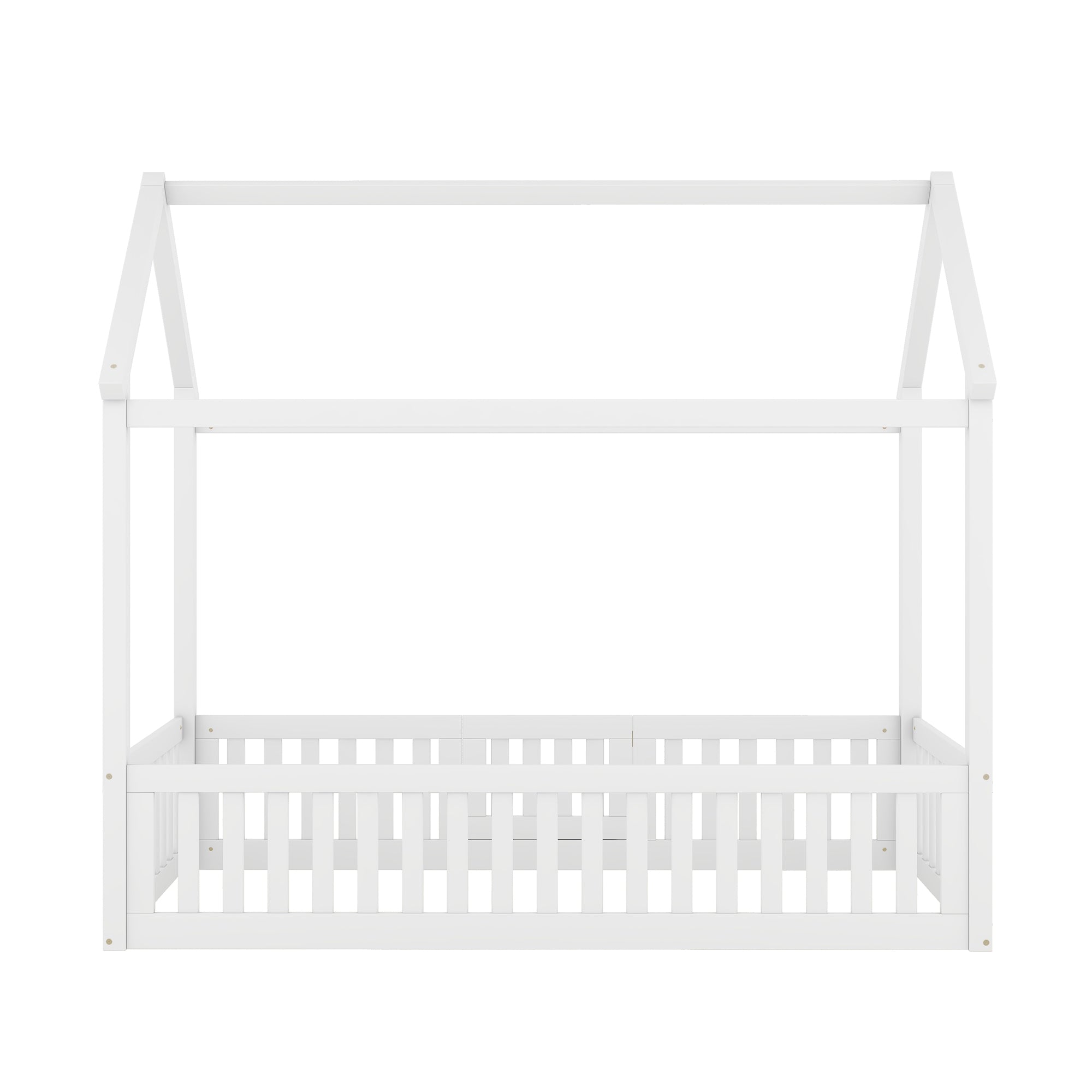 Twin Size Wood House Bed with Fence and Door, White