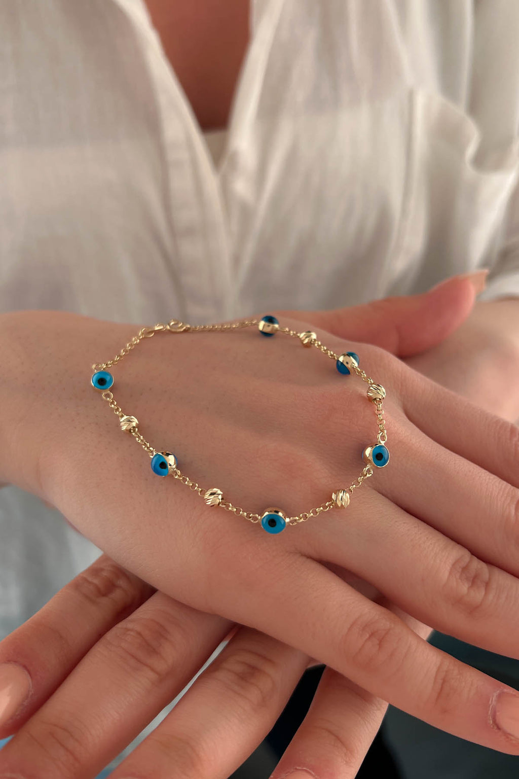 14ct Gold Evil Eye And Diamond Cut Ball Bracelet-2