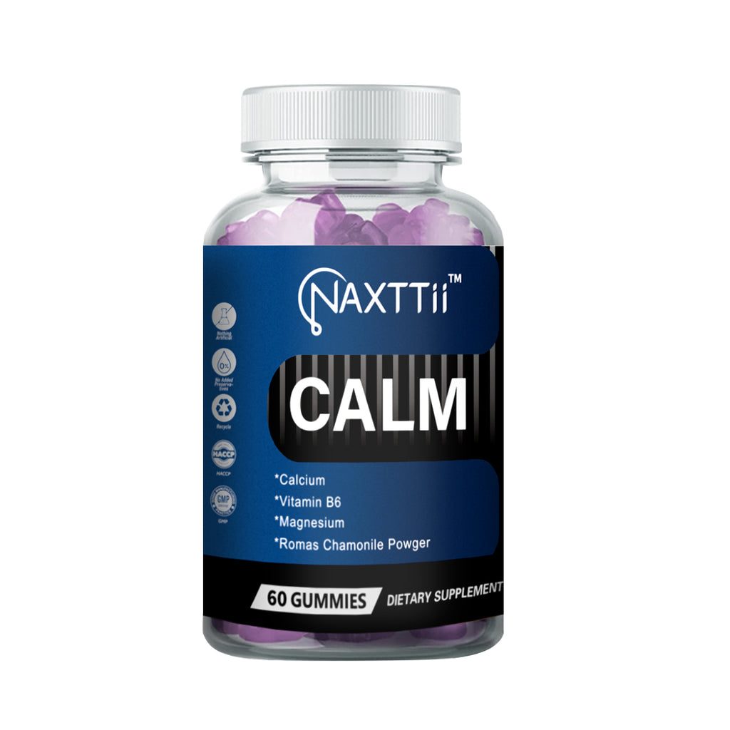 Gomitas para dormir CALM con vitamina B6, una mezcla de bayas, veganas, de origen vegetal, sin OGM, sin gluten y sin gelatina. Te ayudan a conciliar el sueño de forma natural.