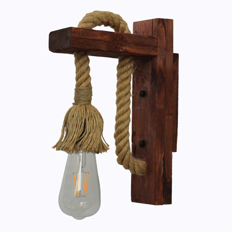 Lámpara de pared industrial de madera, hierro y cuerda de cáñamo, luces de pared creativas con polea de elevación de personalidad