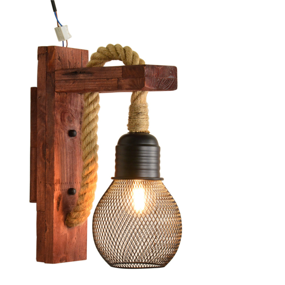 Lámpara de pared industrial de madera, hierro y cuerda de cáñamo, luces de pared creativas con polea de elevación de personalidad