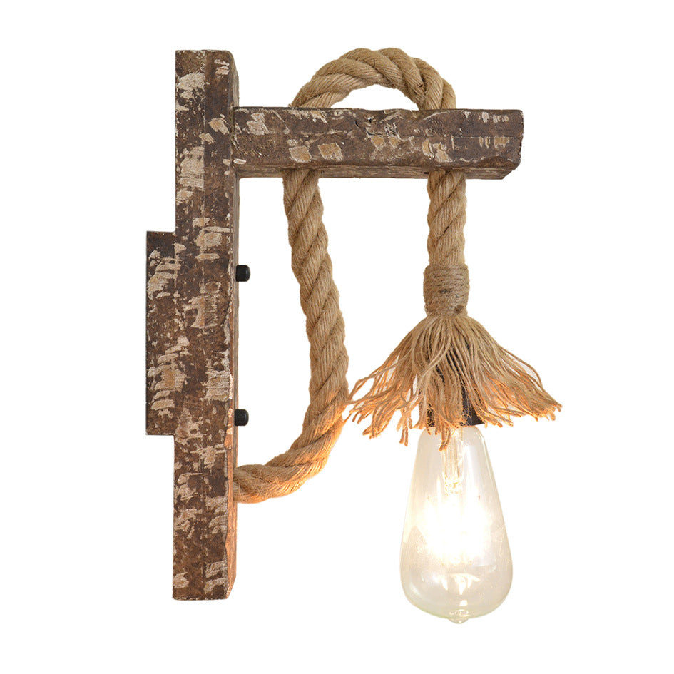 Lámpara de pared industrial de madera, hierro y cuerda de cáñamo, luces de pared creativas con polea de elevación de personalidad