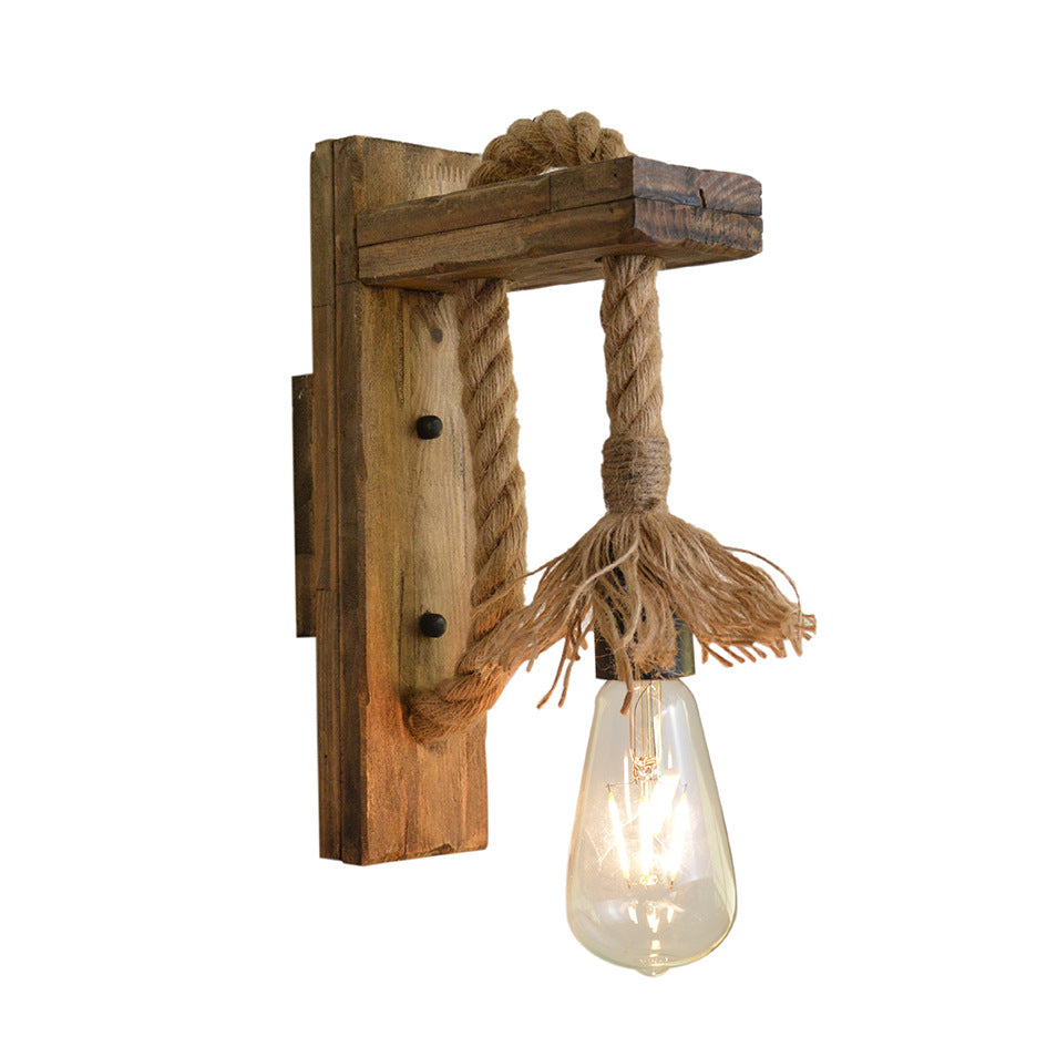 Lámpara de pared industrial de madera, hierro y cuerda de cáñamo, luces de pared creativas con polea de elevación de personalidad