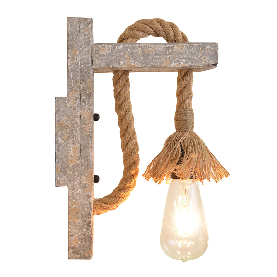 Lámpara de pared industrial de madera, hierro y cuerda de cáñamo, luces de pared creativas con polea de elevación de personalidad
