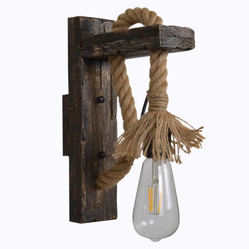 Lámpara de pared industrial de madera, hierro y cuerda de cáñamo, luces de pared creativas con polea de elevación de personalidad