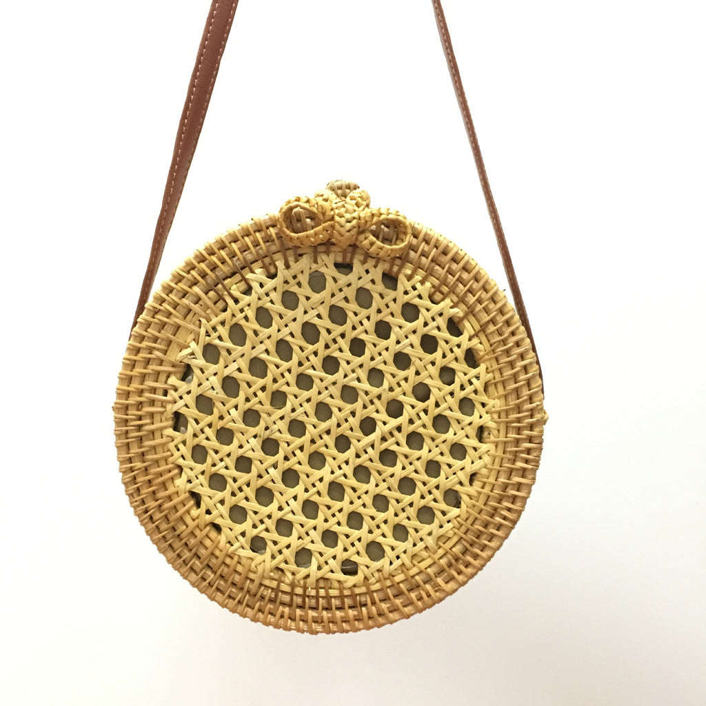 Round Bow Rattan Bag Bali Handbag Straw Bag Summer Beach Messenger Bag Retro One Shoulder Bamboo Bag