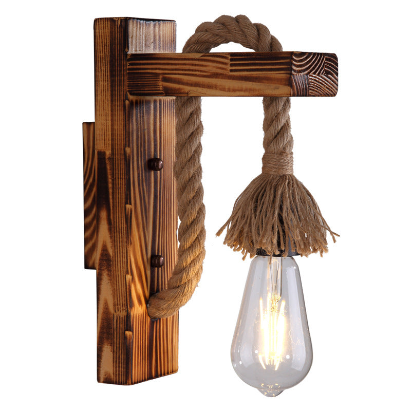 Lámpara de pared industrial de madera, hierro y cuerda de cáñamo, luces de pared creativas con polea de elevación de personalidad