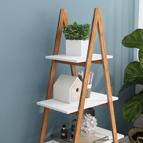 4 Tier A Frame Ladder Bookshelf, Wood and White
