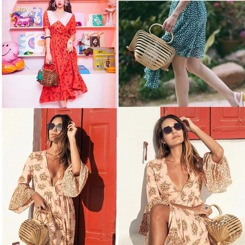 Bamboo Bag Ins Style Bird Lantern Bamboo Handbag Summer Beach Bag Women's Bag Foldable Retro Bamboo Bag