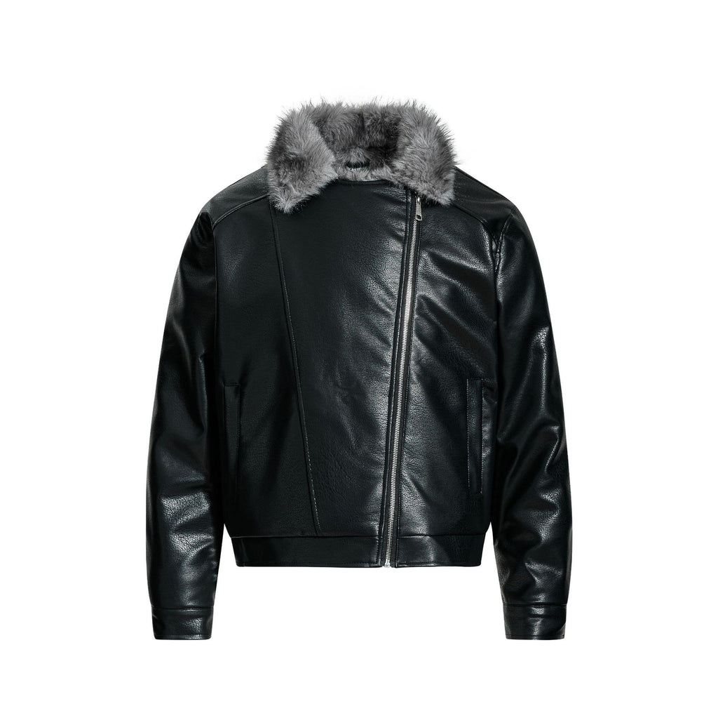 Retro imitation fur integrated PU leather jacket