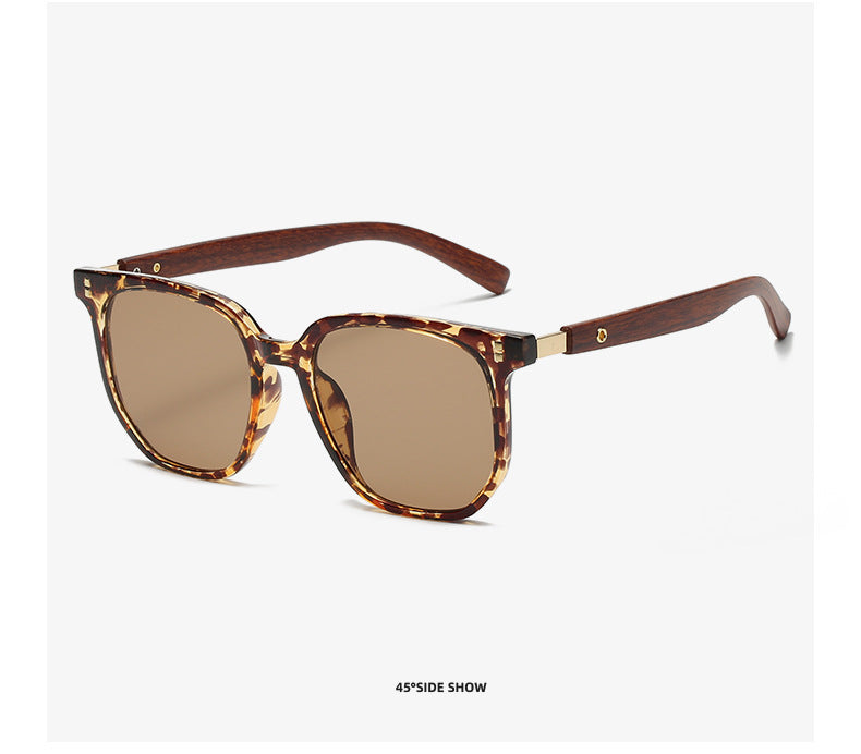 Retro Wood Grain Leg Box Round Face Glasses