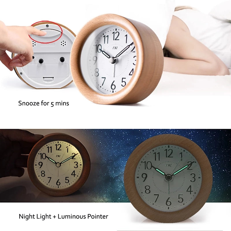 Mini Alarm Clock Wooden Mute Backlit Battery-Powered Round Solid Wood Night Light Alarm Clock