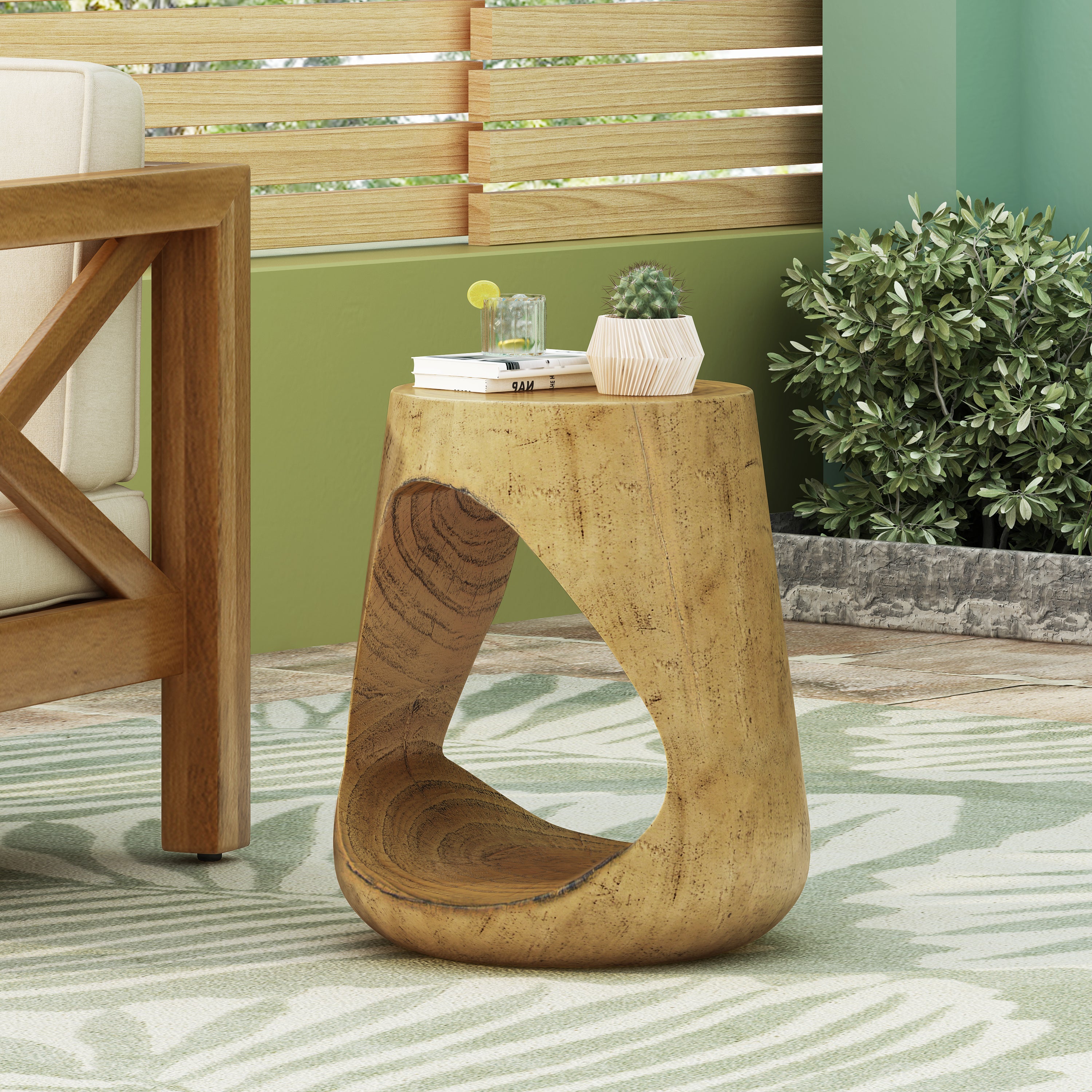 MGO Hollow Side Table, Wood-like Texture, Natural Color