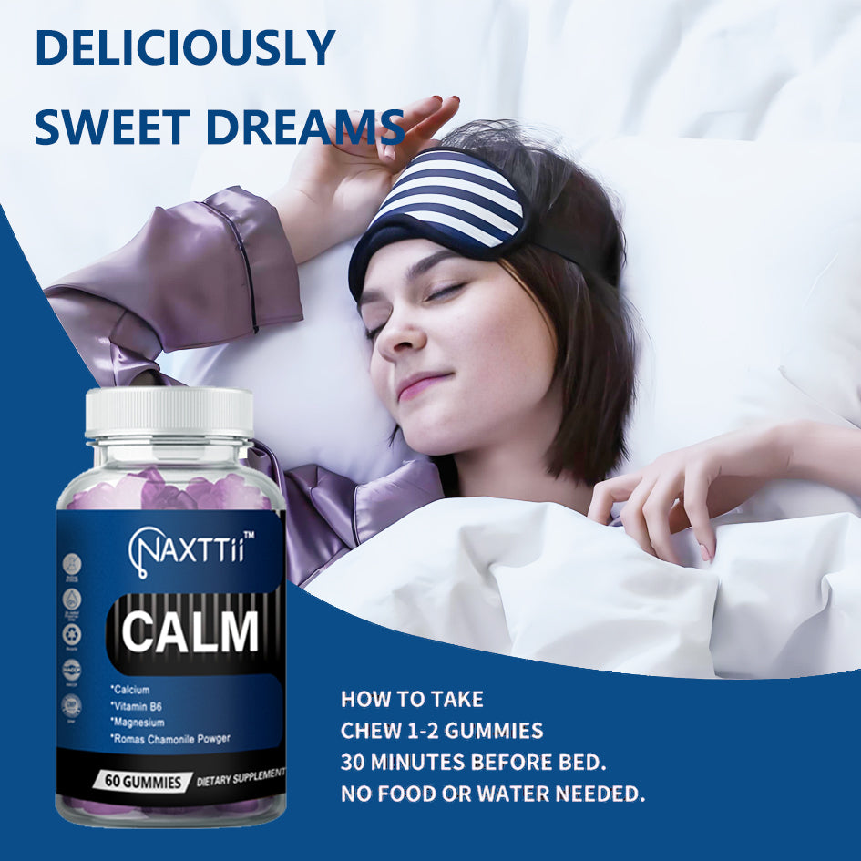 Gomitas para dormir CALM con vitamina B6, una mezcla de bayas, veganas, de origen vegetal, sin OGM, sin gluten y sin gelatina. Te ayudan a conciliar el sueño de forma natural.