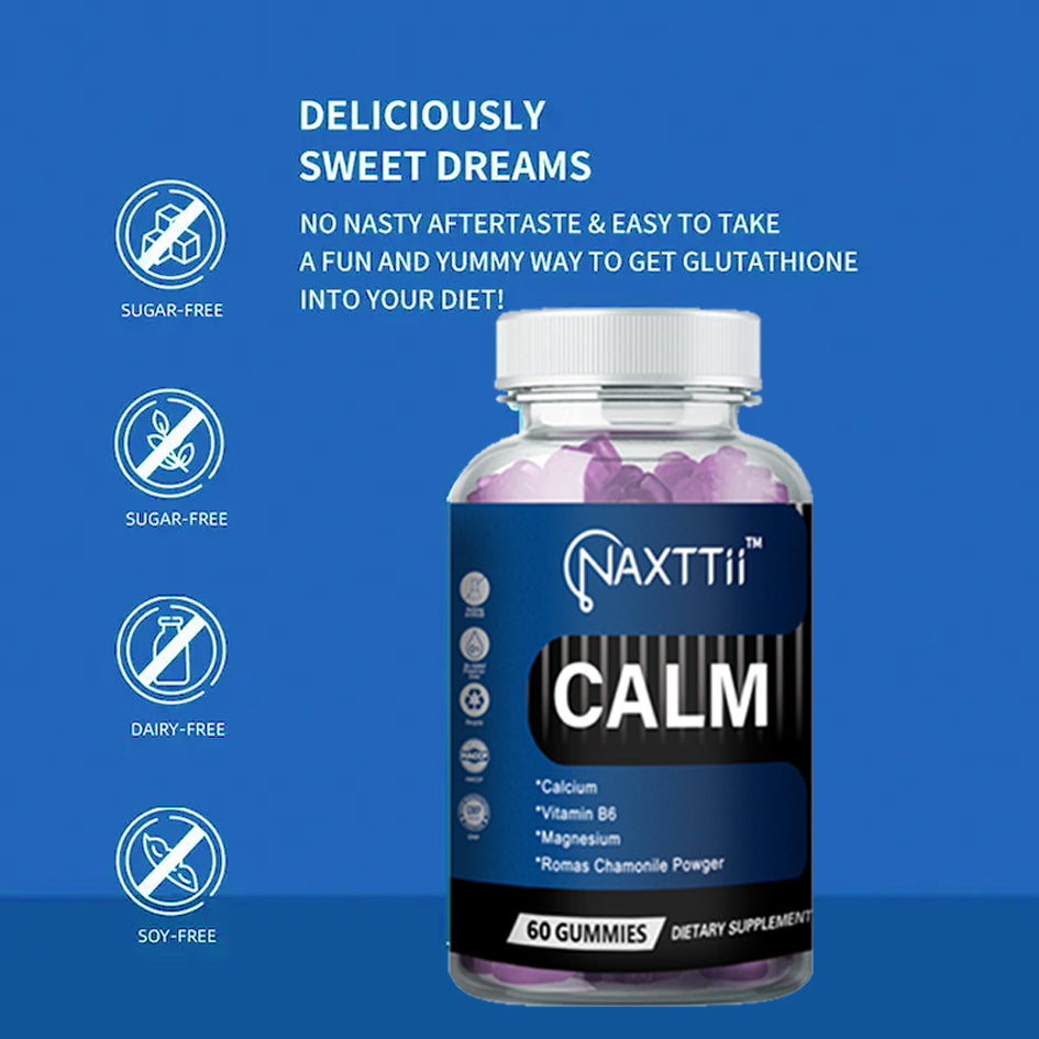 Gomitas para dormir CALM con vitamina B6, una mezcla de bayas, veganas, de origen vegetal, sin OGM, sin gluten y sin gelatina. Te ayudan a conciliar el sueño de forma natural.