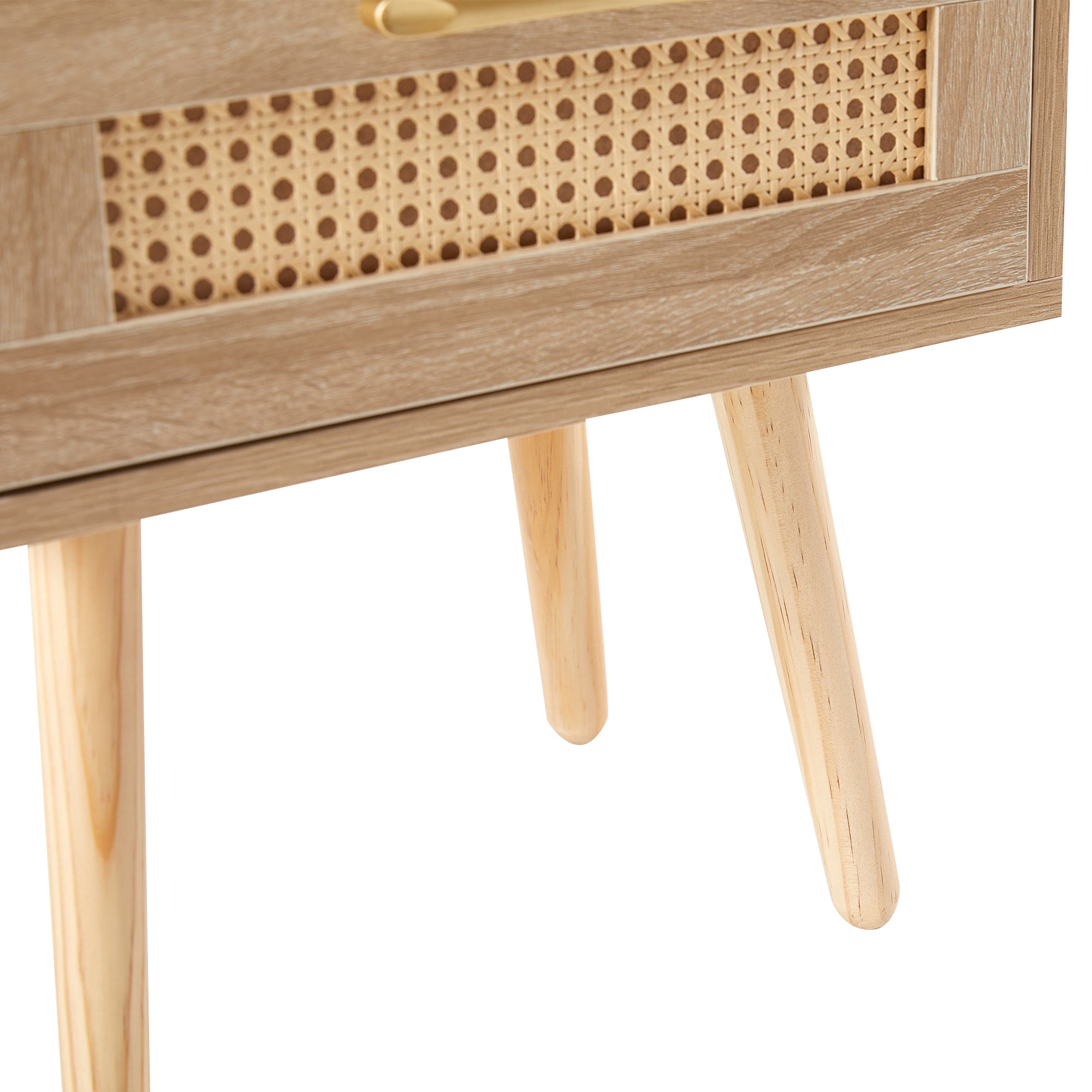 15.75" Rattan End table with drawer and solid wood legs Modern nightstand side table for living room natural