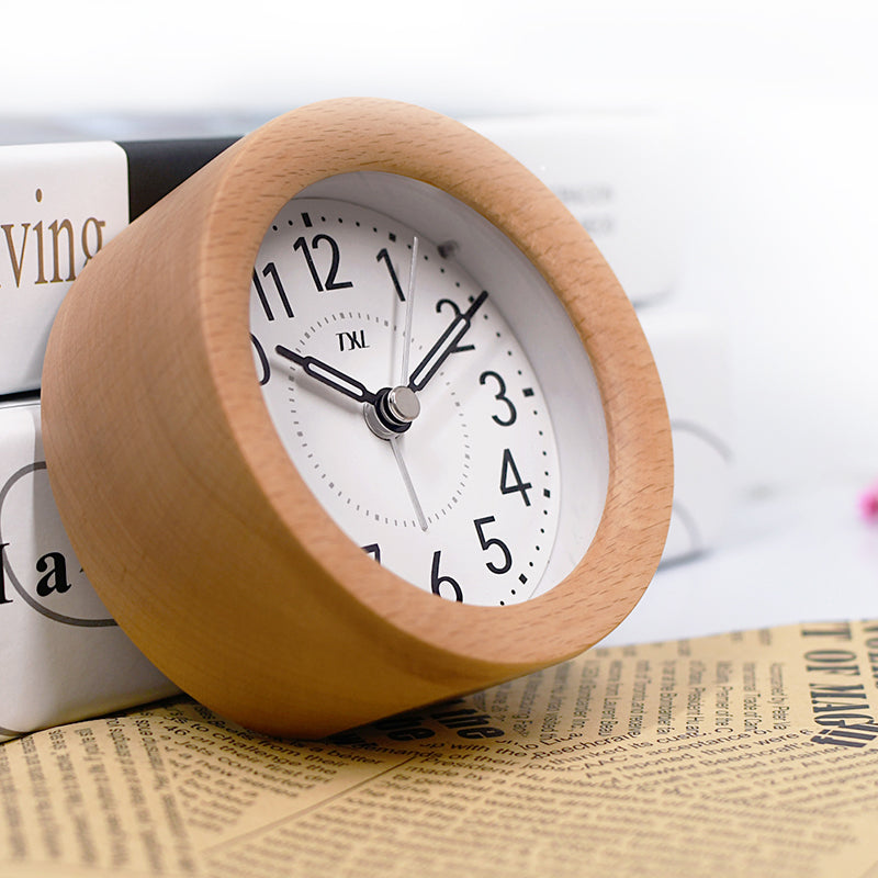 Mini Alarm Clock Wooden Mute Backlit Battery-Powered Round Solid Wood Night Light Alarm Clock