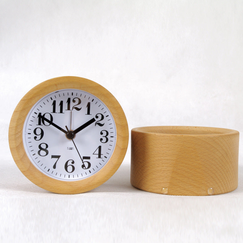 Mini Alarm Clock Wooden Mute Backlit Battery-Powered Round Solid Wood Night Light Alarm Clock