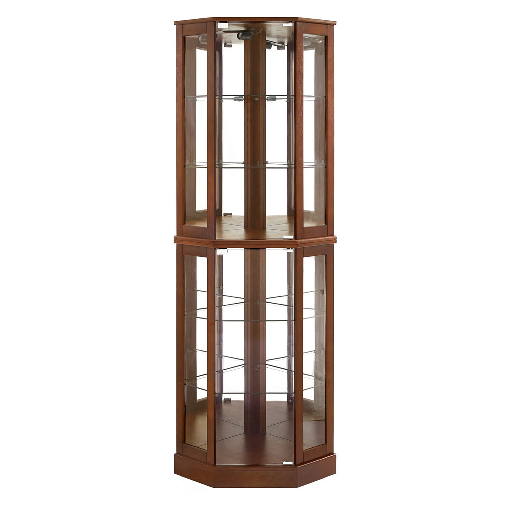 6 shelves corner Curio display cabinet with light mirror and adjustable shelves, walnut wood (excluding E26 light bulbs)