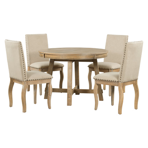 5-Piece Round Extendable Farmhouse Dining Set with 4 Chairs