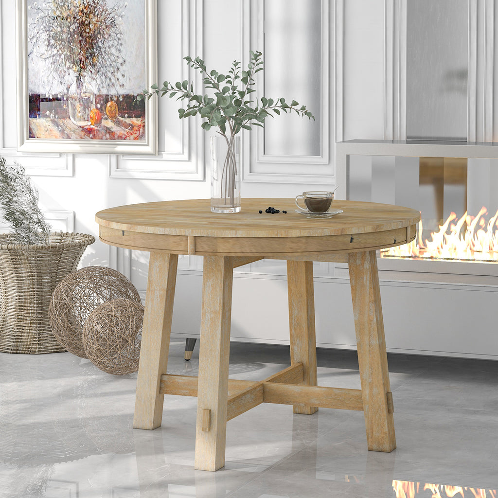 TREXM Farmhouse Round Extendable Dining Table With 16 Leaf Wood Kitchen Table  Natural Wood Wash