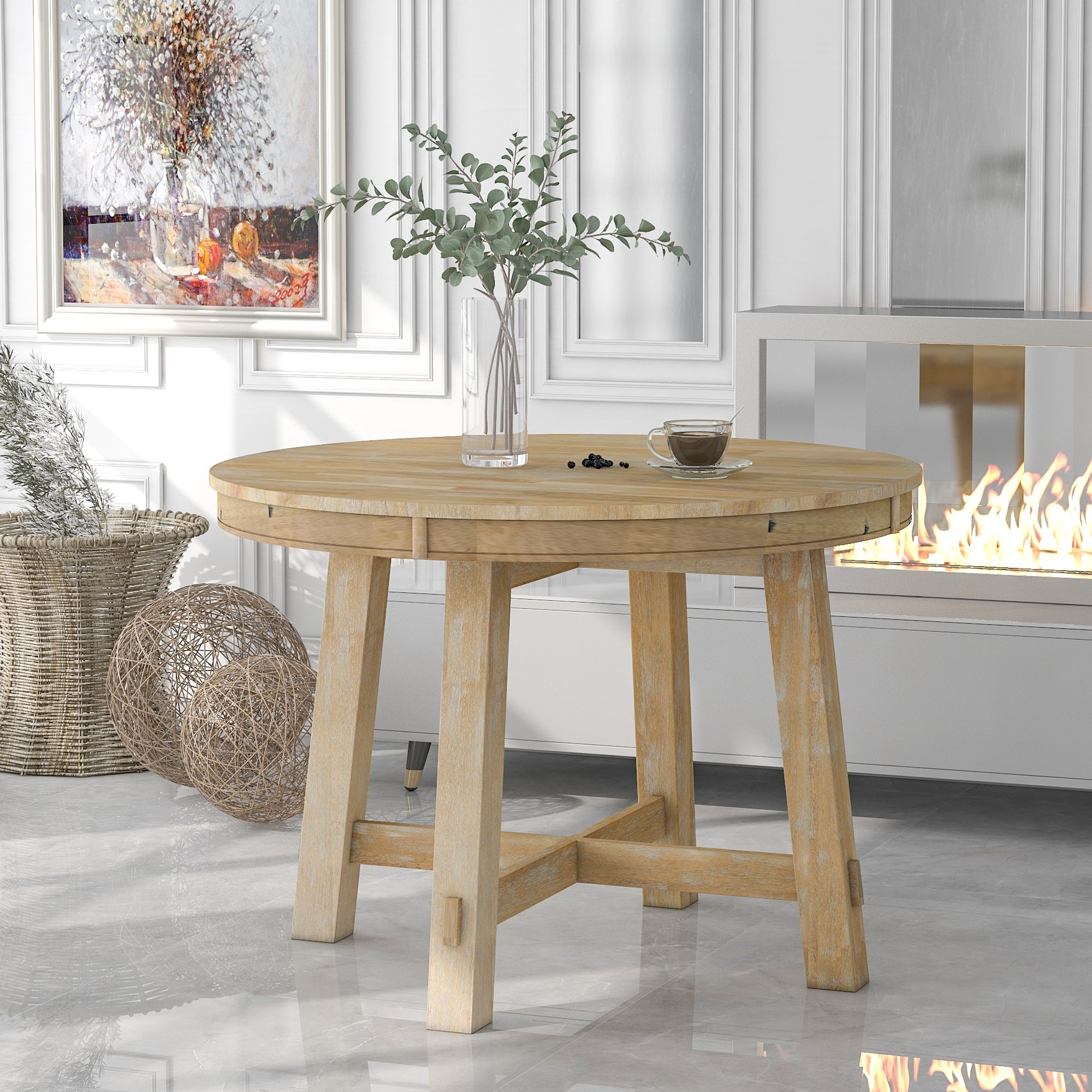 TREXM Farmhouse Round Extendable Dining Table With 16 Leaf Wood Kitchen Table  Natural Wood Wash