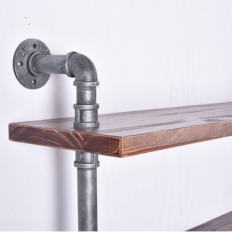 Estantería de pared de tubería de agua de hierro estilo industrial, partición plana, estante de exhibición de madera maciza