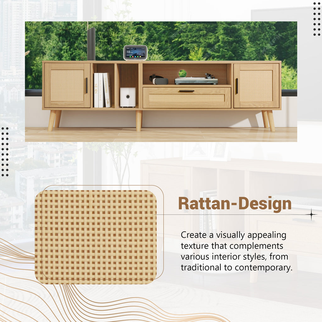 Vine TV stand with 2 cabinets and 2 open shelves, suitable for TVs under 80 inches, with solid wood legs for TV cabinets