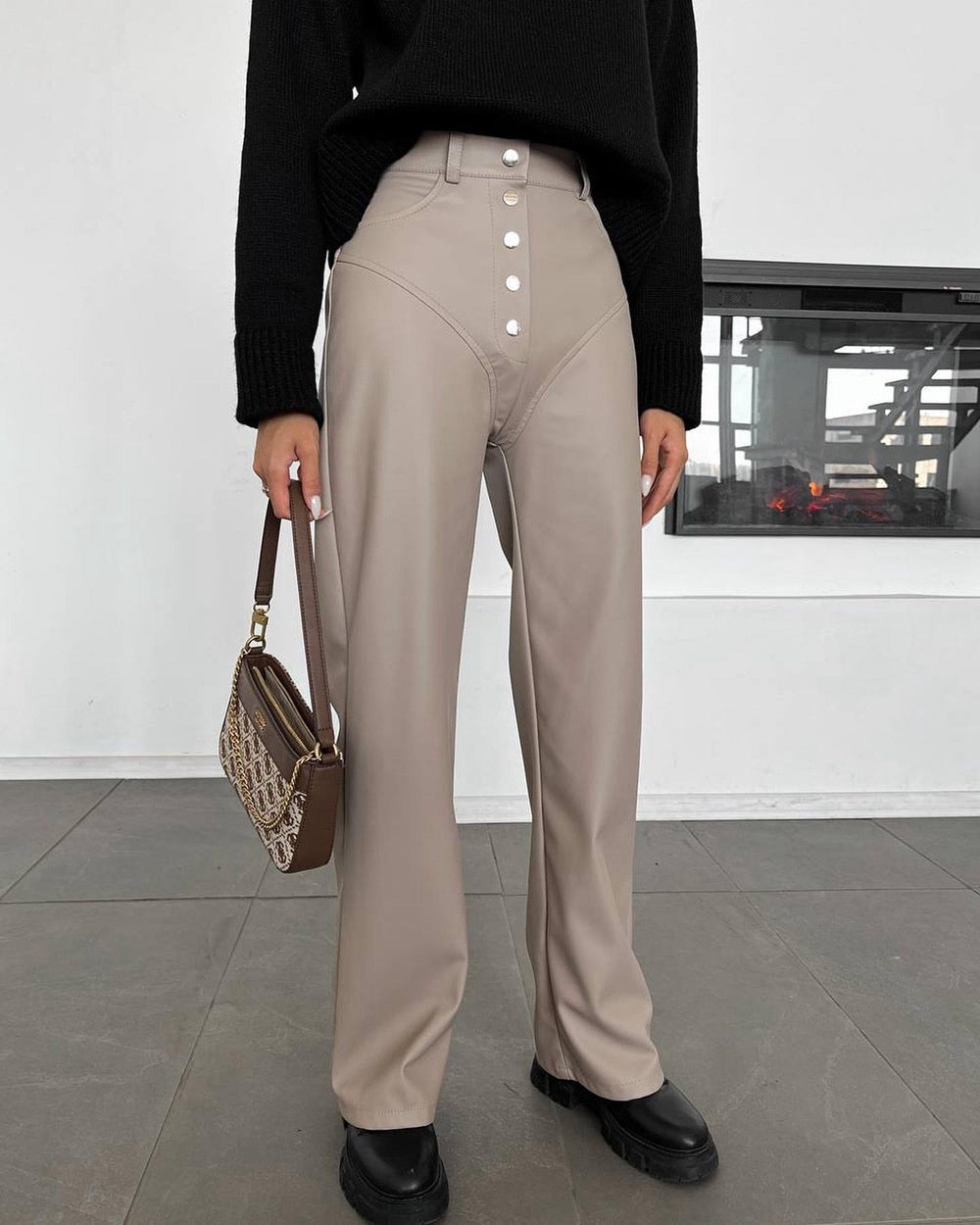 High waisted leather patchwork pants