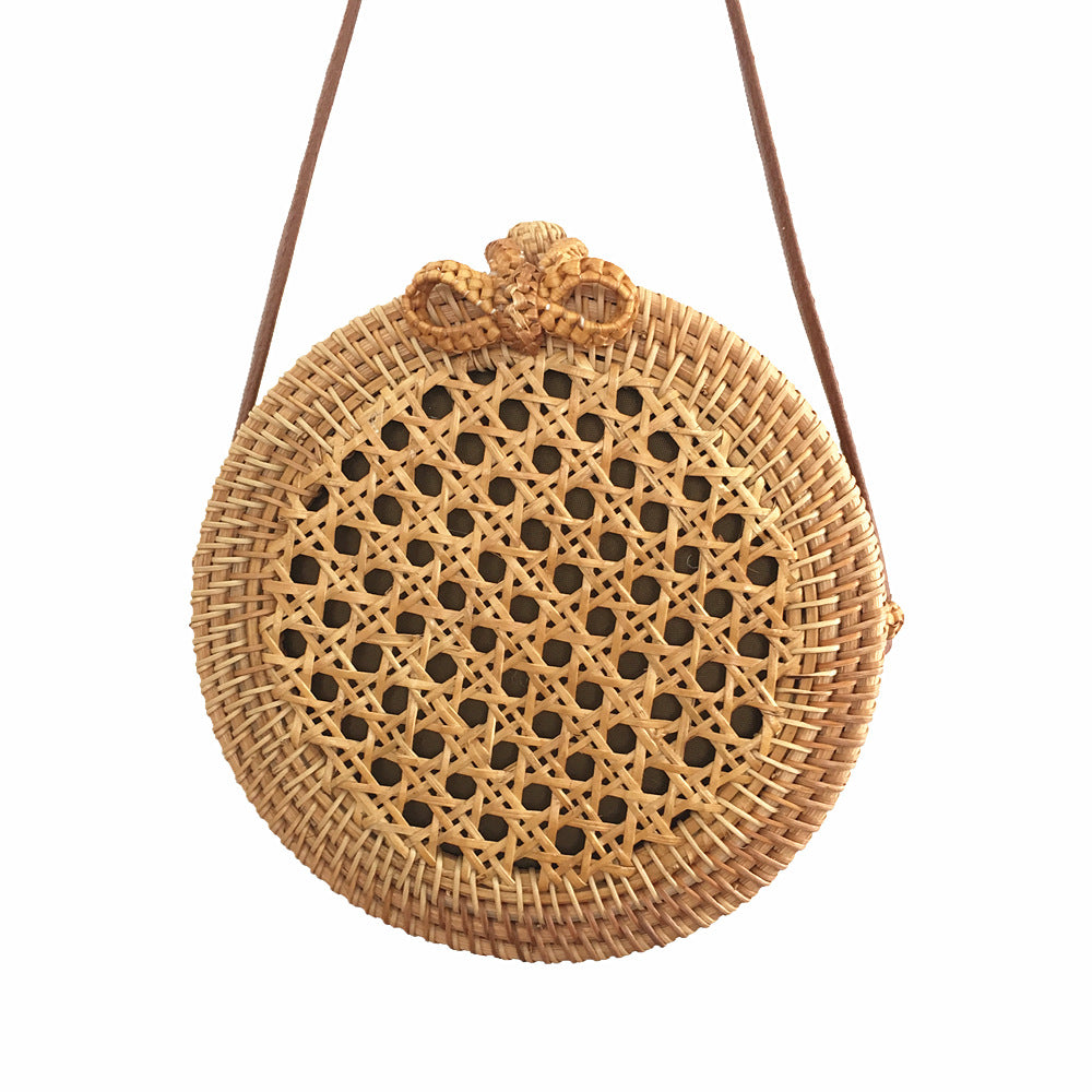 Round Bow Rattan Bag Bali Handbag Straw Bag Summer Beach Messenger Bag Retro One Shoulder Bamboo Bag