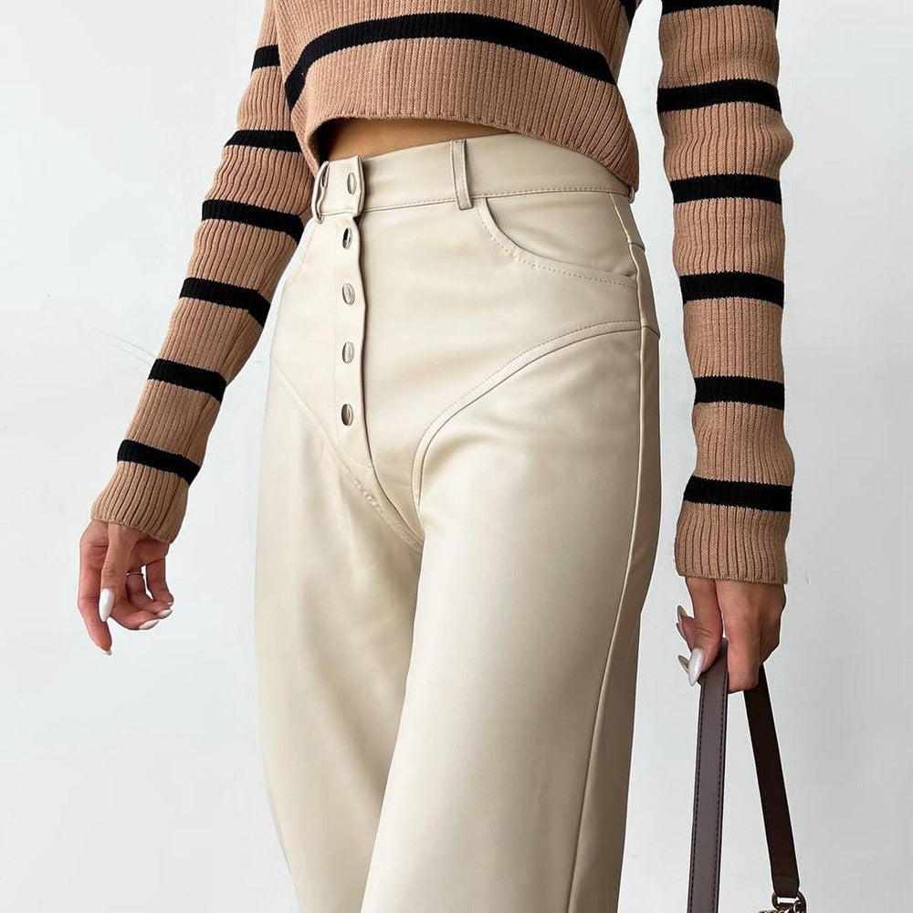 High waisted leather patchwork pants
