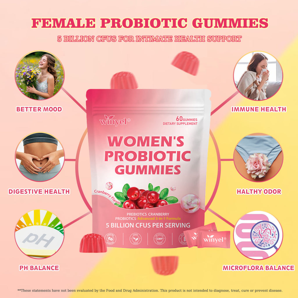 Gomitas probióticas de arándano Dirigidas al olor corporal, la salud femenina y el equilibrio del pH Veganas 60 gomitas por envase