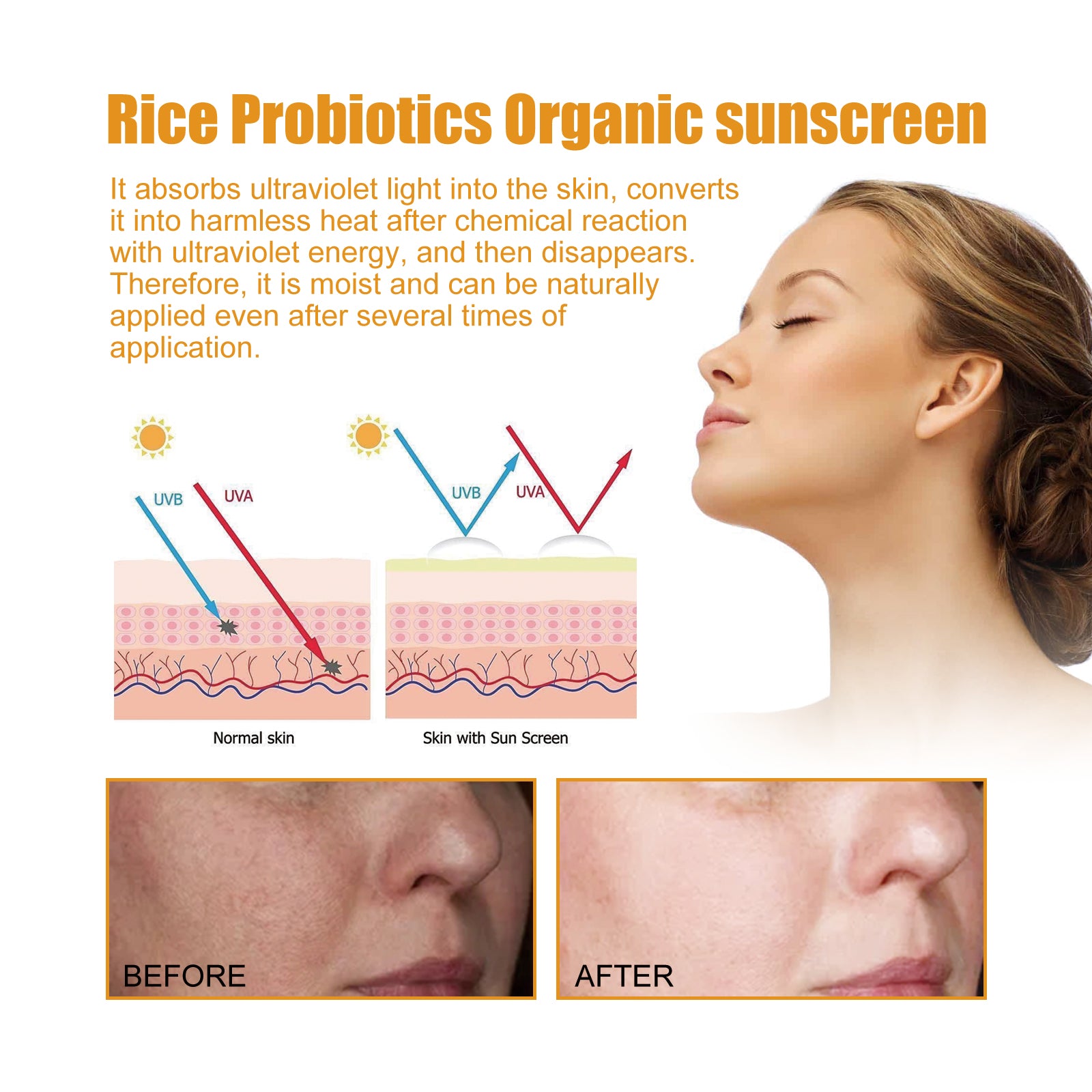 Probiotic Rice Organic Protective Cream, Face Body Non-greasy Outdoor UV Protection Cream