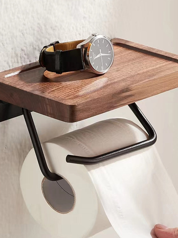 Toilet Paper Towel Rack Wall Hanging Black Walnut Roll Paper Rack Solid Wood Bathroom Free Punching Rack