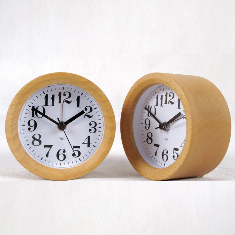 Mini Alarm Clock Wooden Mute Backlit Battery-Powered Round Solid Wood Night Light Alarm Clock