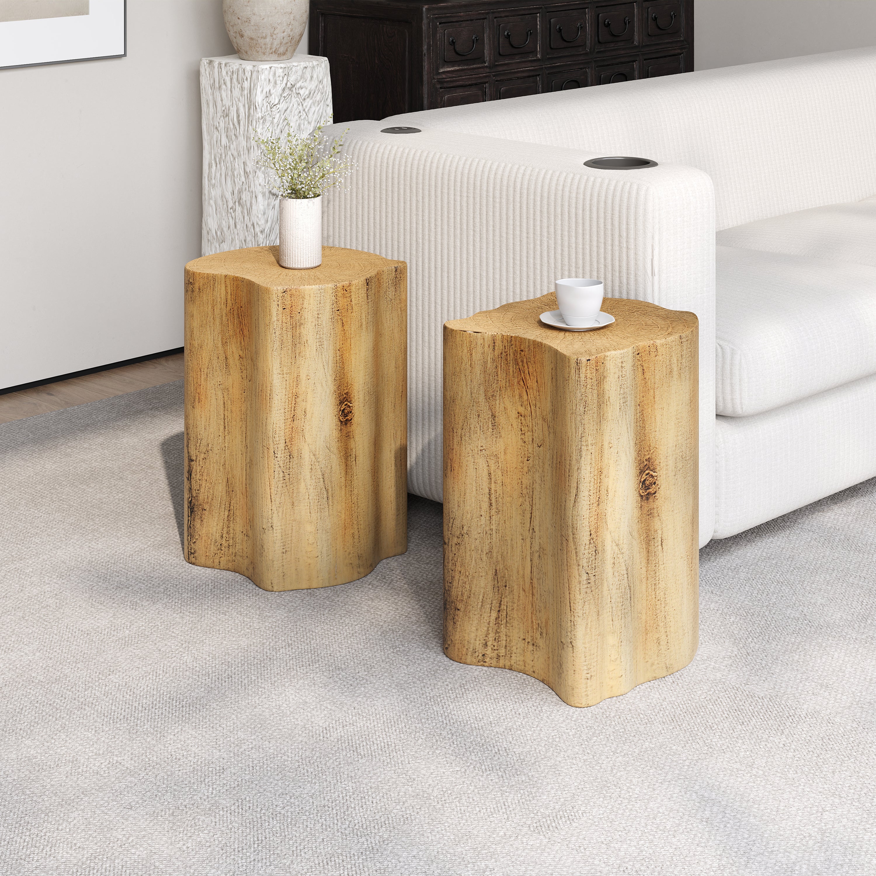 2-in-1 Irregular MGO End Table, Split Design, Small Space Friendly,Indoor Outdoor Use,Natural Color