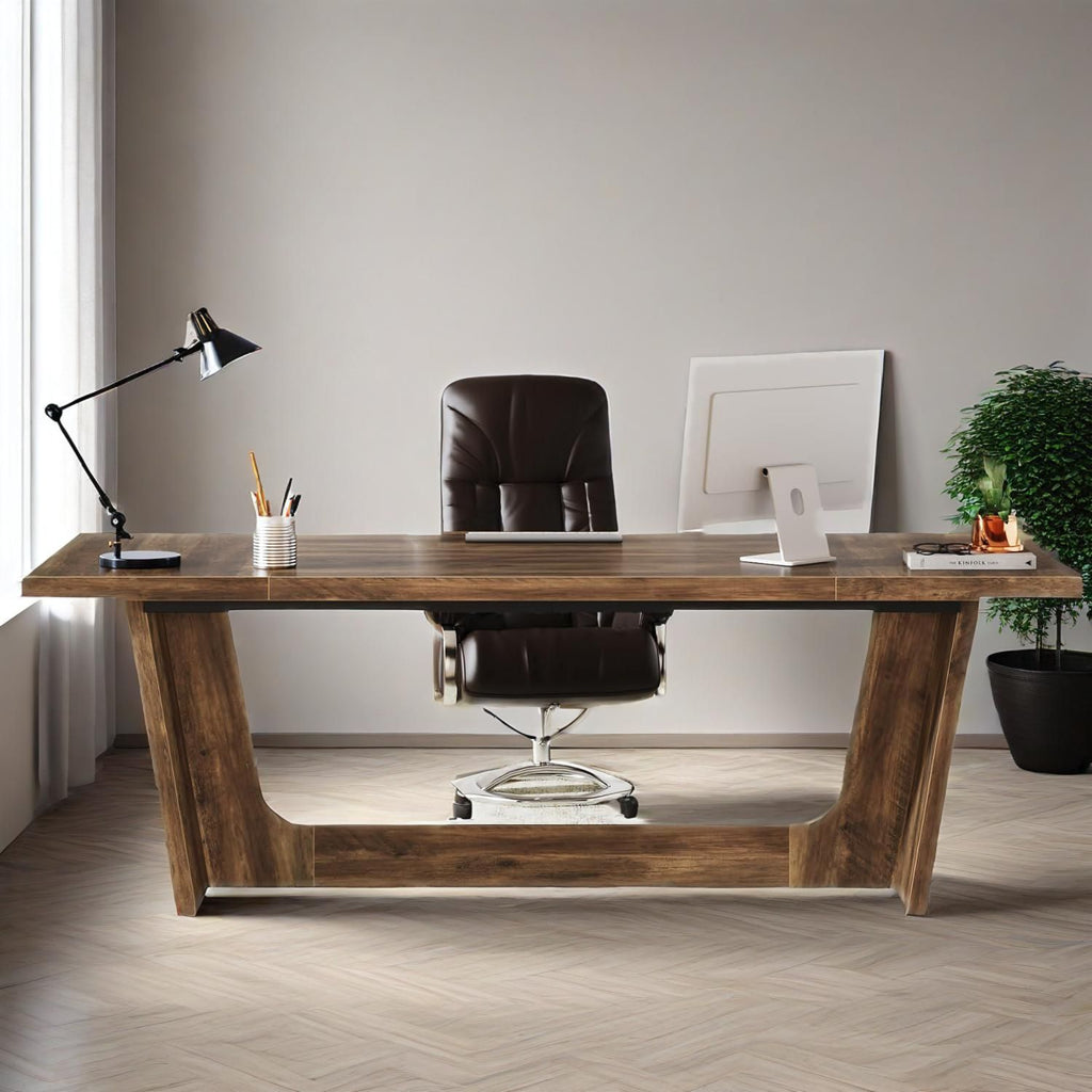 Escritorio Ejecutivo para Computadora de 70.87 Pulgadas: Escritorio Grande para Oficina en Casa con Pedestal de Madera Maciza, Mesa Industrial de Madera para Estudio o Escritura