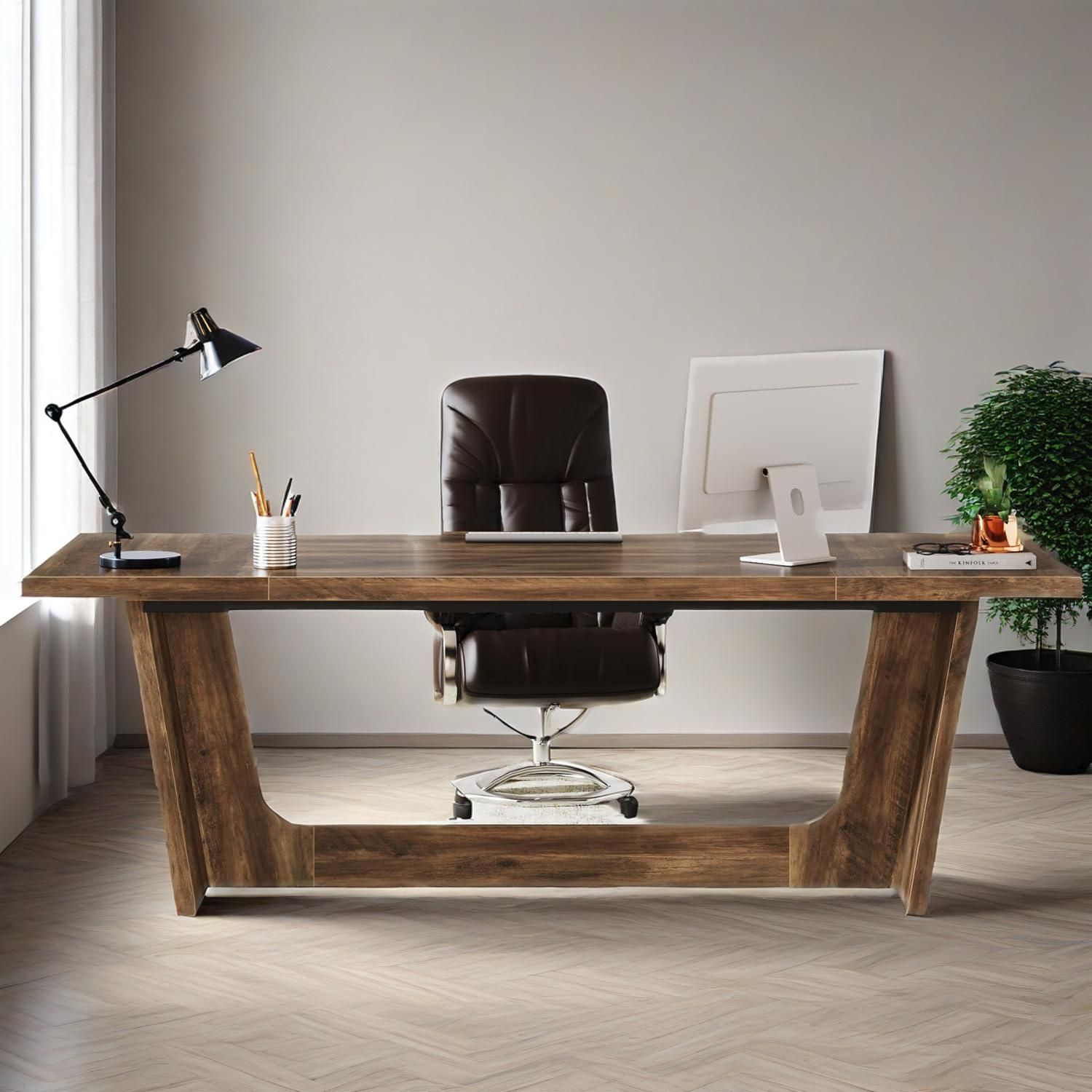 Escritorio Ejecutivo para Computadora de 70.87 Pulgadas: Escritorio Grande para Oficina en Casa con Pedestal de Madera Maciza, Mesa Industrial de Madera para Estudio o Escritura