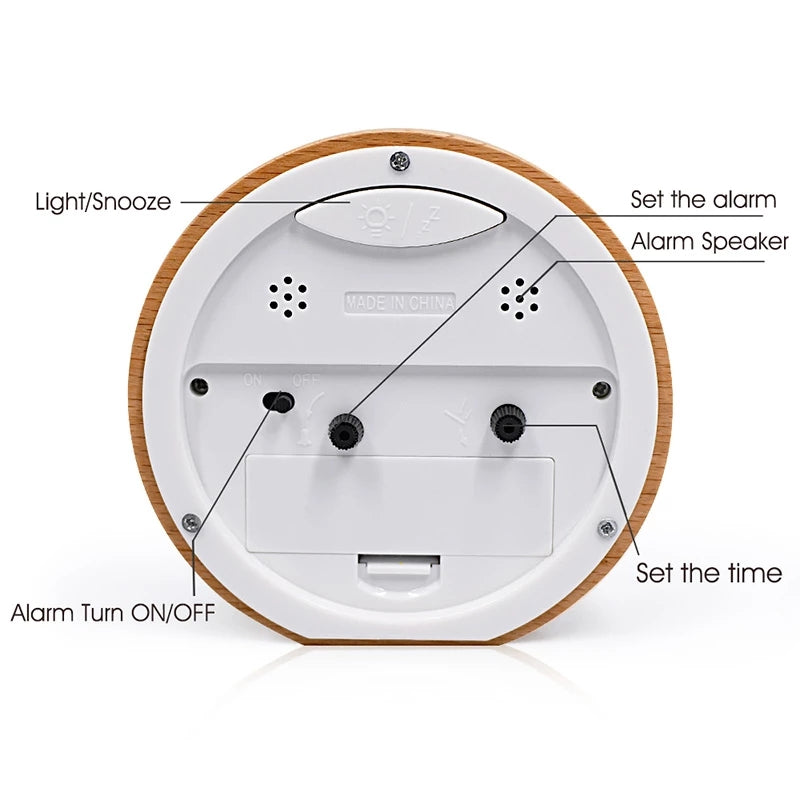 Mini Alarm Clock Wooden Mute Backlit Battery-Powered Round Solid Wood Night Light Alarm Clock