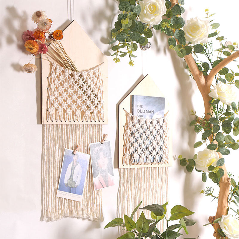 Home Decoration Wood Mesh Pocket Cotton Thread Weaving Small Fresh Living Room Study Wall Hanging Wall Decoration