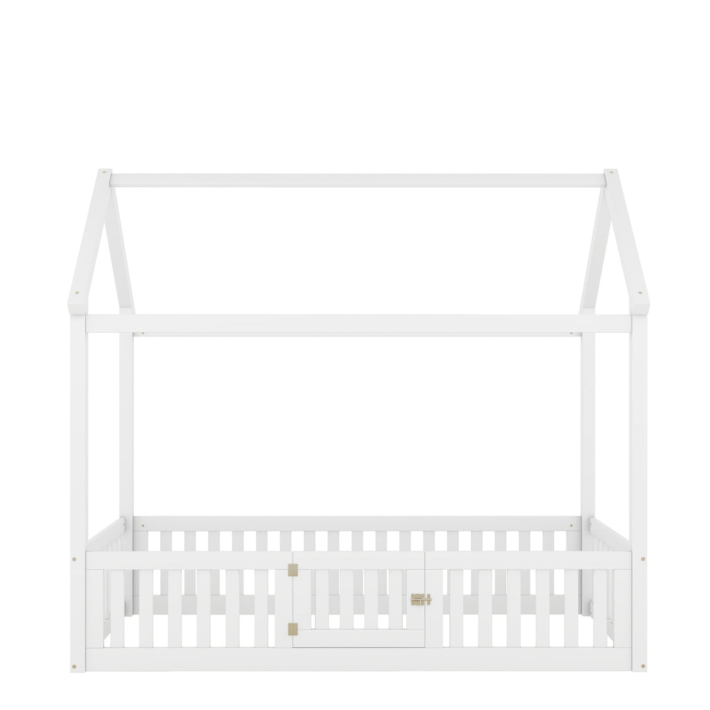 Twin Size Wood House Bed with Fence and Door, White