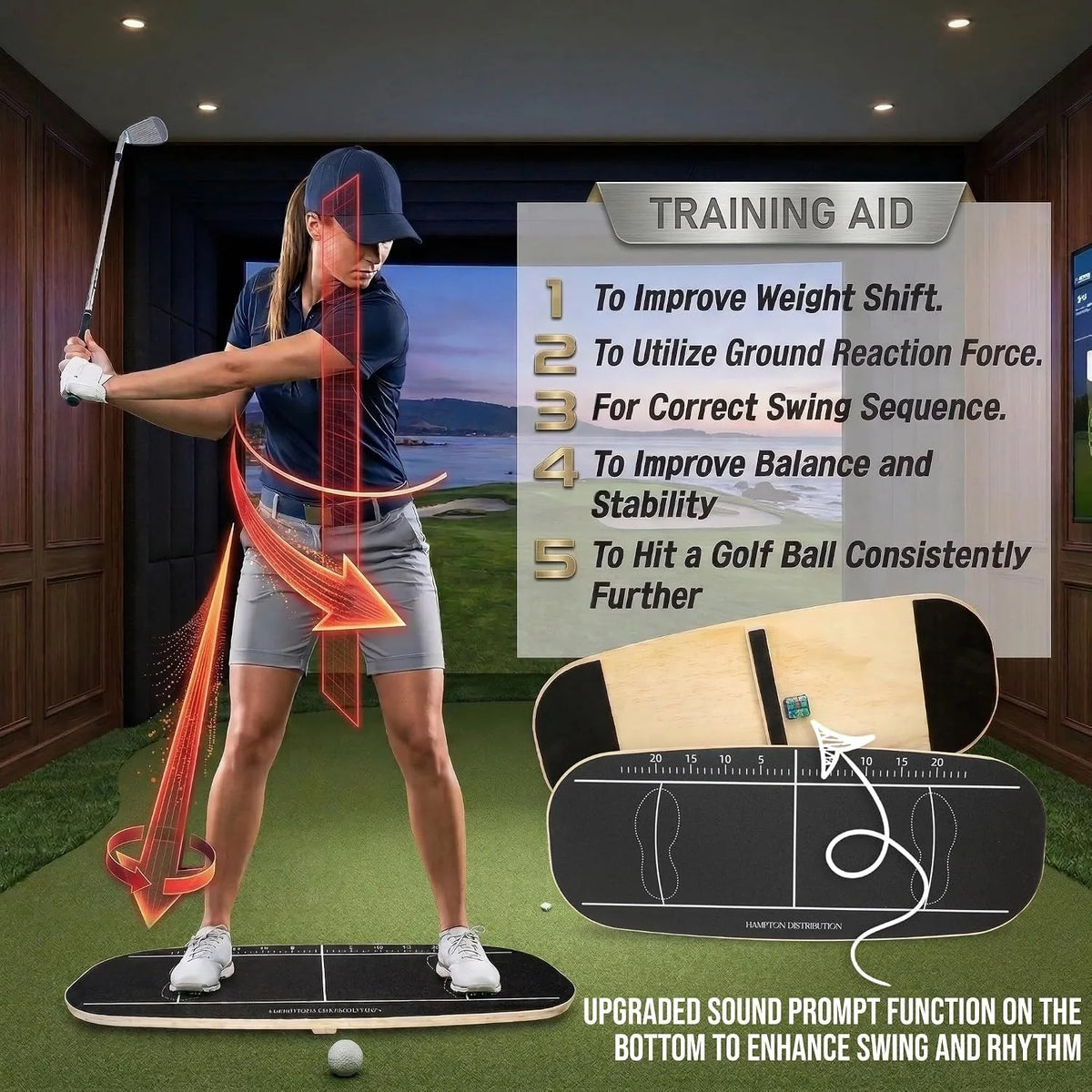 Golf Pressure Plate with Bottom Button Prompt Sound Function Solid Wood Golf Weight Shift Board For Indoor Practice,