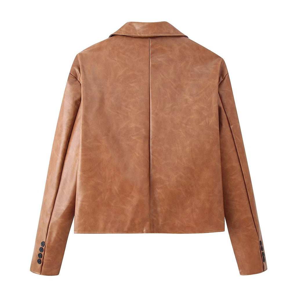 Flip collar short leather jacket