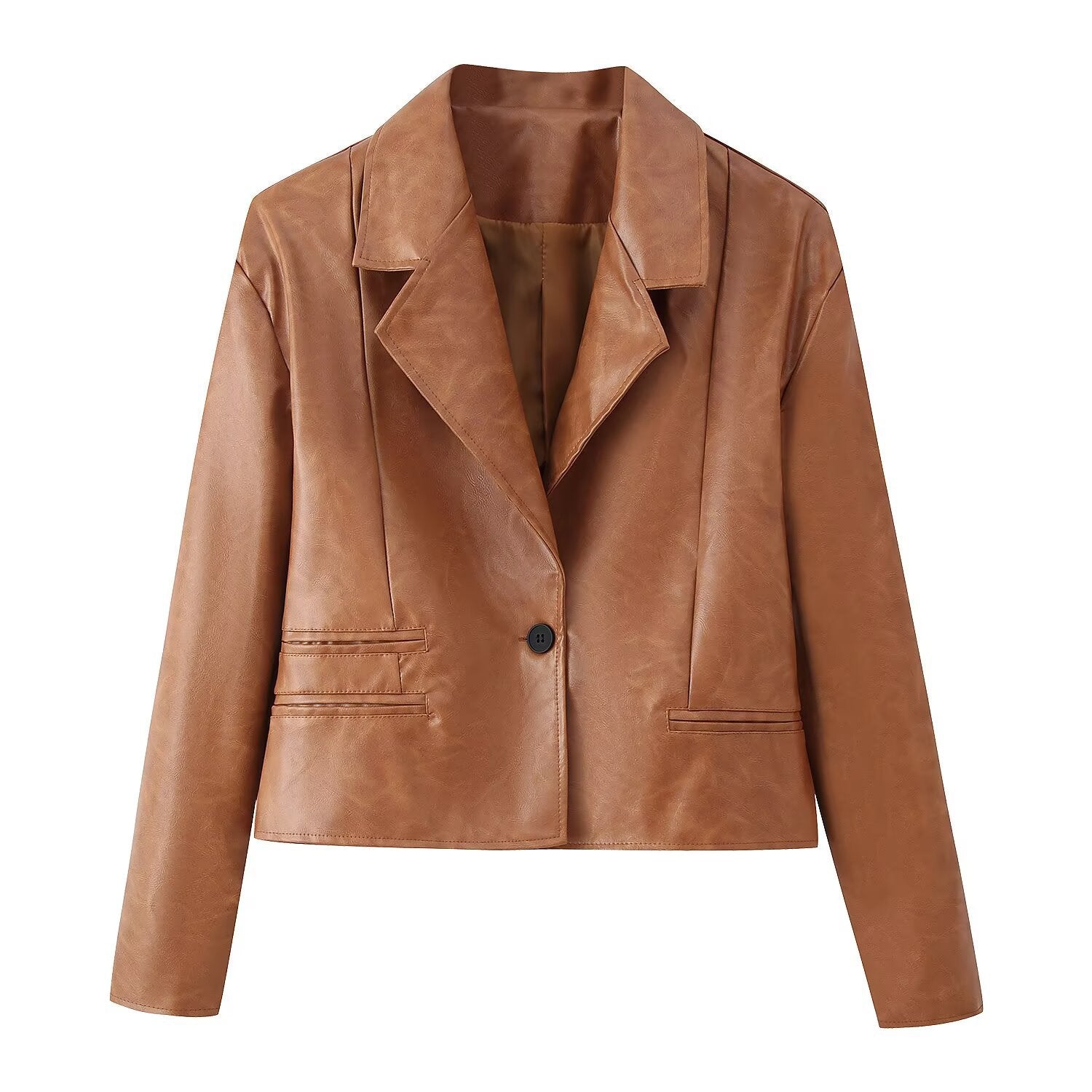Flip collar short leather jacket