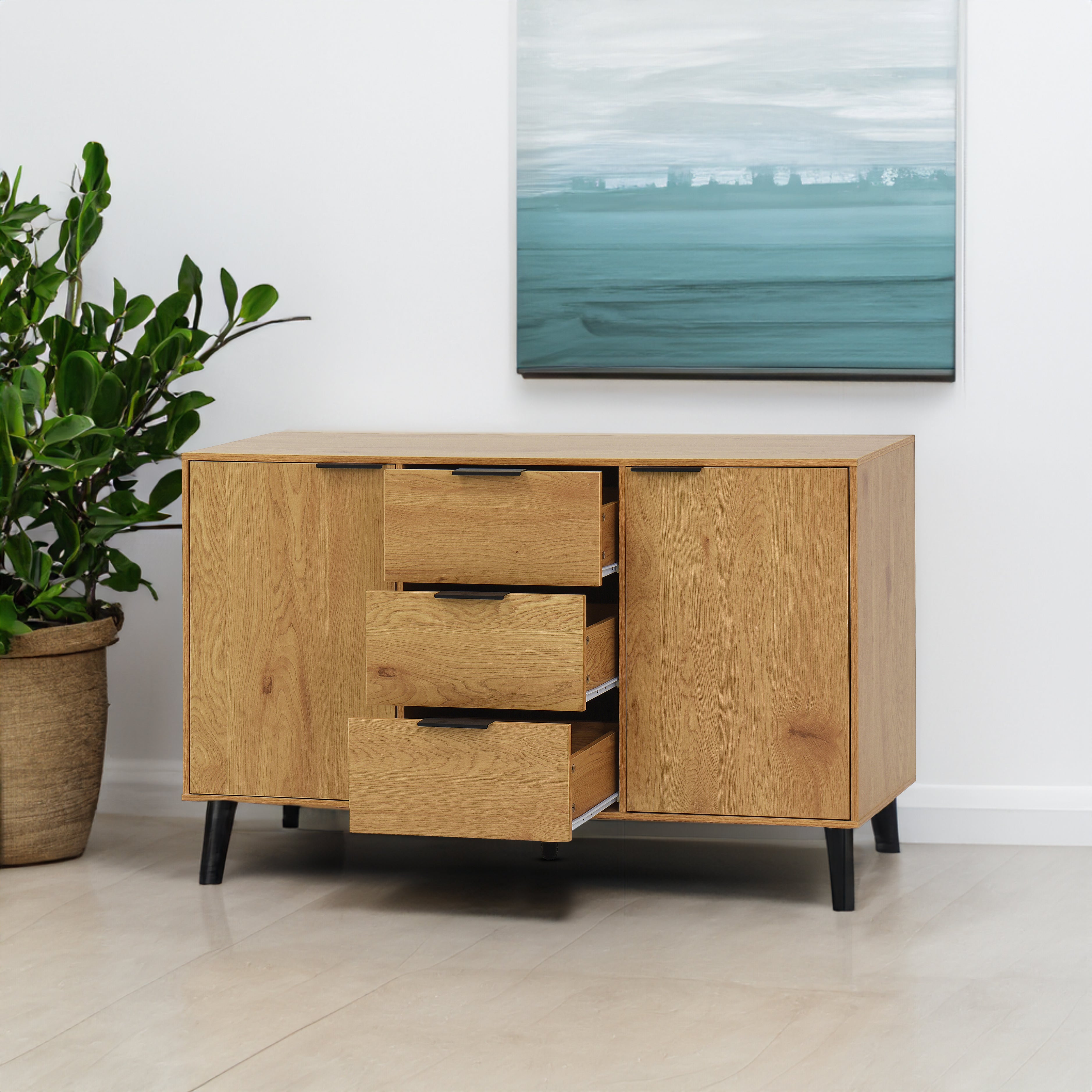 Side panel buffet cabinet with storage room, 47.2 "natural wood color kitchen cabinet with 3 drawers and 2 doors