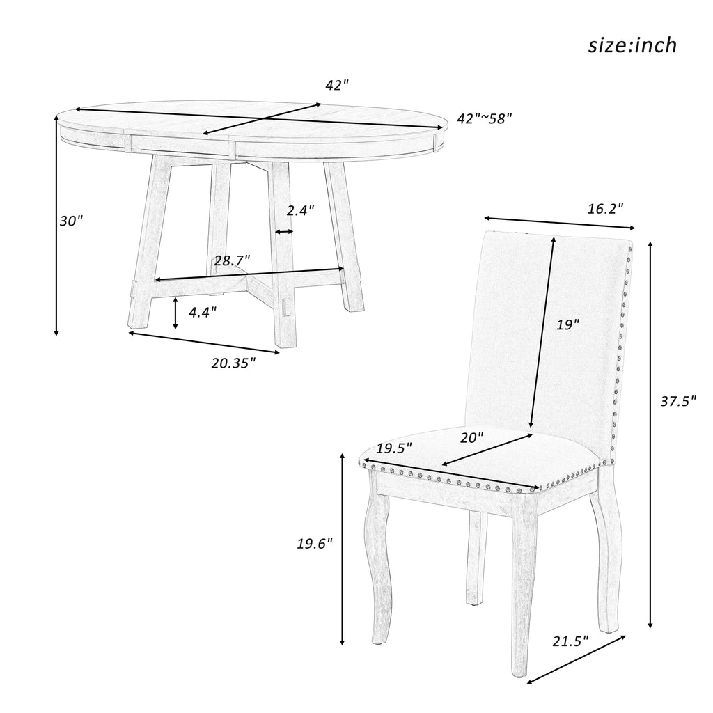 TREXM 5-Piece Farmhouse Dining Table Set Wood Round Extendable Dining Table and 4 Upholstered Dining Chairs (Natural Wood Wash)